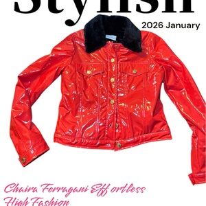 Chiara Ferragni Red Patent Bomber Jacket with Black Faux Fur Collar